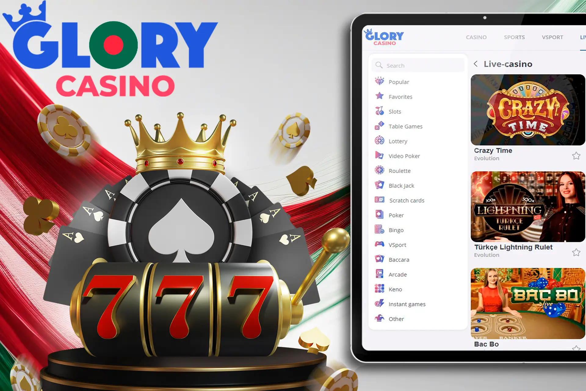 Huge selection of gambling games at Live Casino at Glory Casino Bangladesh